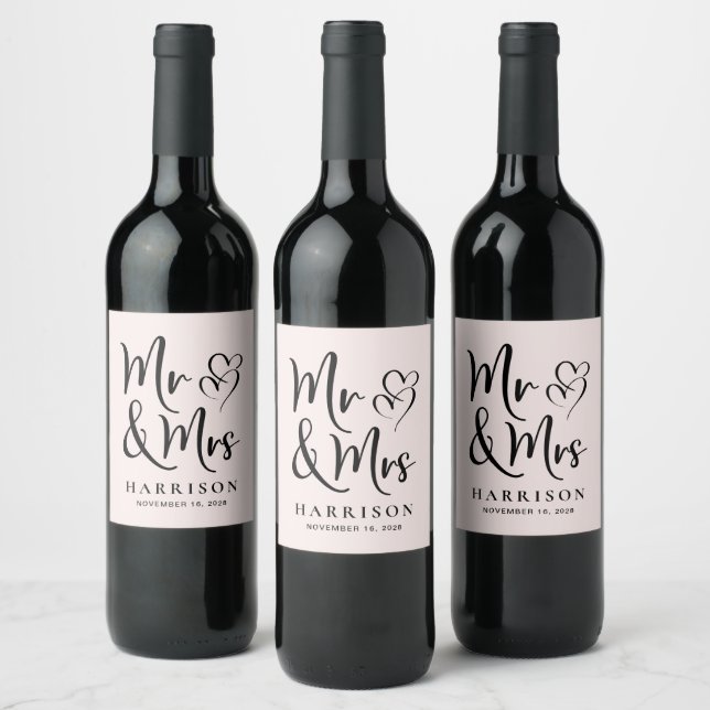 Mr and Mrs Personalised Pink Wedding Wine Label (Bottles)