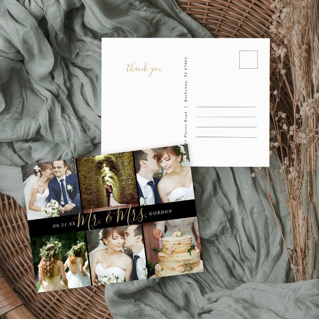 Mr. and Mrs. Photo Collage Wedding Thank You Postcard (Creator Uploaded)