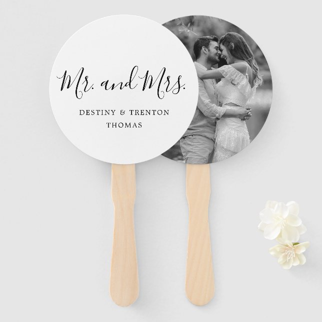 Mr and Mrs Photo Simple Elegant Wedding Hand Fan (Front and Back)