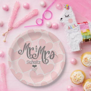 Mr. and Mrs. Pink Heart Pattern Chalkboard Style Paper Plate