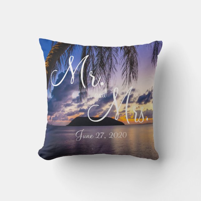 Mr. and Mrs. Purple Beach Wedding Pillows (Front)