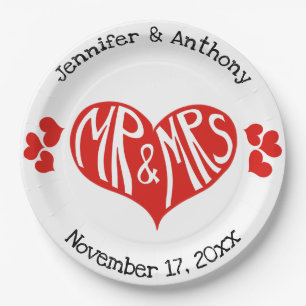 Mr and Mrs Red and White Heart Shape Wedding Paper Plate