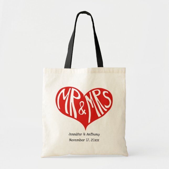 Mr and Mrs Red Heart Shape Wedding Tote Bag (Front)