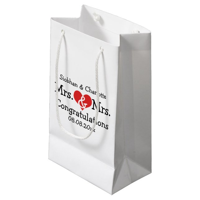 Mr and Mrs Red Heart Wedding Personalised Small Gift Bag (Front Angled)