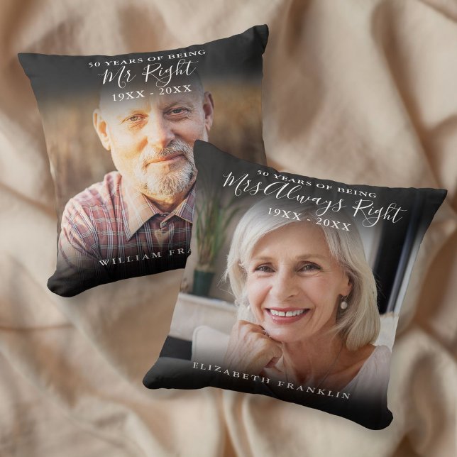 Mr And Mrs Right Fun 2 Photo Anniversary Cushion (Mr And Mrs Right Fun 2 Photo Anniversary Throw Pillow)