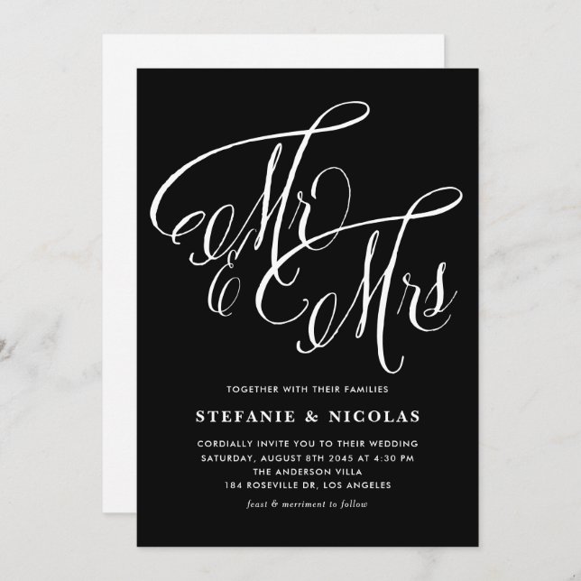 Mr. and Mrs. Rustic Calligraphy Black Wedding Invitation (Front/Back)