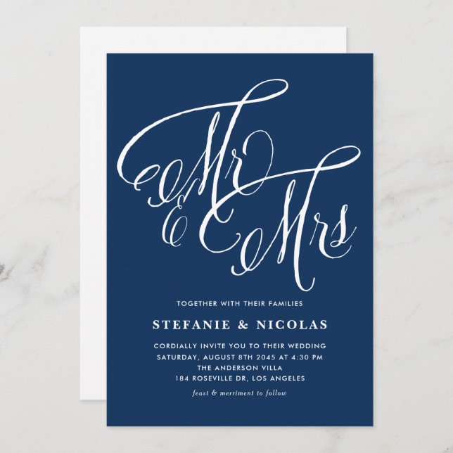 Mr. and Mrs. Rustic Calligraphy Navy Blue Wedding Invitation (Front/Back)