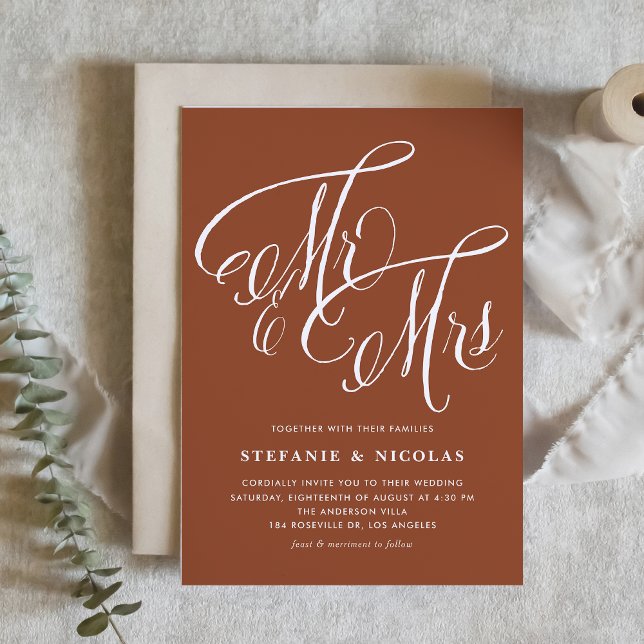 Mr and Mrs Rustic Calligraphy Terracotta Wedding Invitation (Mr and Mrs Rustic Calligraphy Terracotta Wedding Invitation)