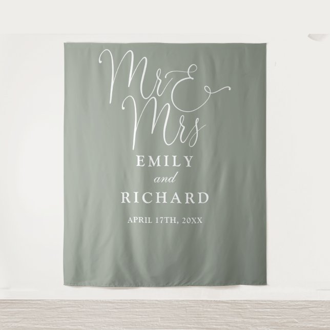 Mr And Mrs Sage Green Wedding Photo Backdrop Tapestry (Front)