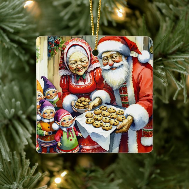 Mr and Mrs Santa Claus, Cookie and Elves Christmas Ceramic Ornament (Tree)