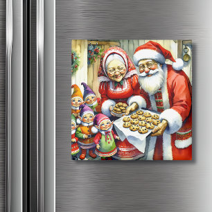 Mr and Mrs Santa Claus, Cookie and Elves Christmas Magnet
