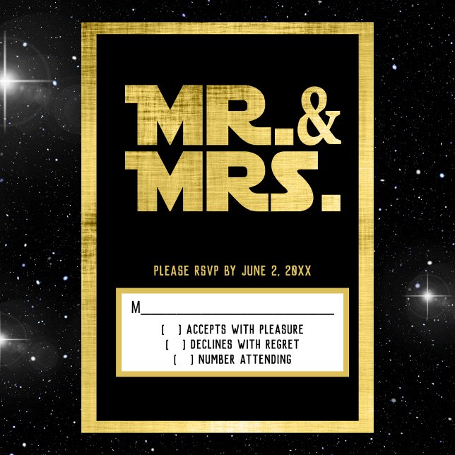 Mr and Mrs Sci Fi Black Gold Wedding RSVP Card (sci fi wedding rsvp)