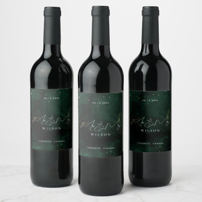 Mr and Mrs Script Emerald Green Magical Gold  Wine Label (Bottles)