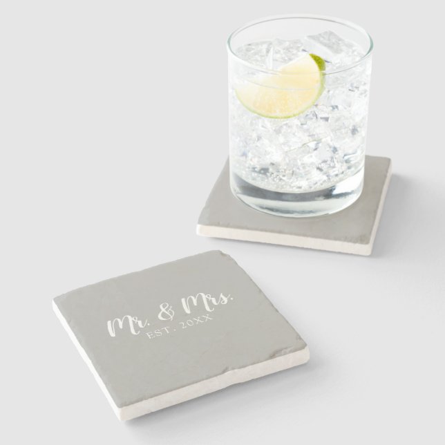 Mr and Mrs Script Established Wedding Stone Coaster (Side)