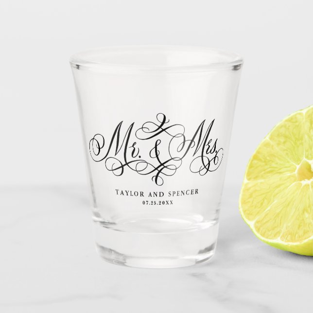 Mr. and Mrs. Script Flourish in Black Wedding Shot Glass (Front)