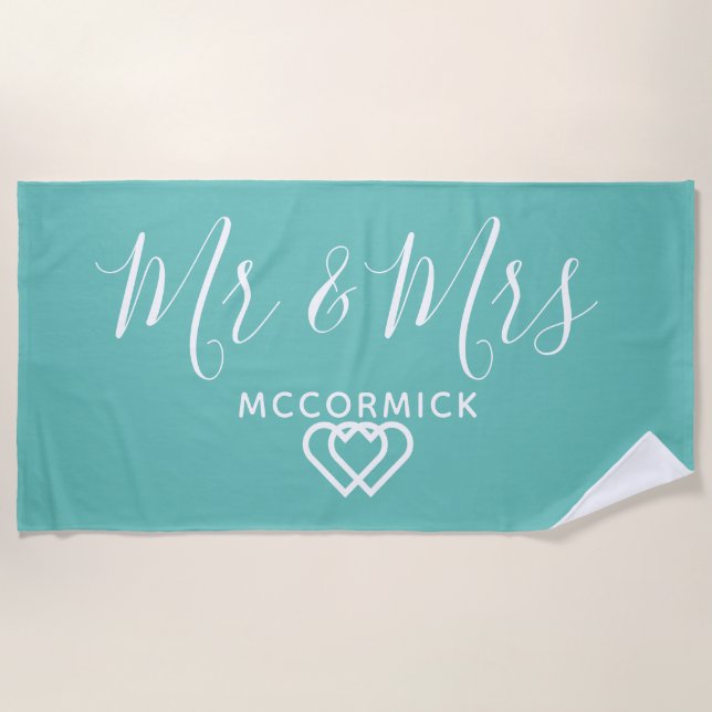 Mr And Mrs Script Monogram Name Teal White Hearts Beach Towel (Front)