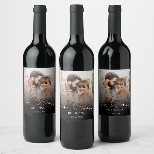 Mr and Mrs Script Photo Wedding Bottle Favour Wine Label (Bottles)