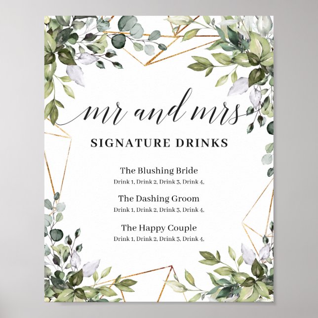Mr and Mrs signature drinks boho greenery sign (Front)