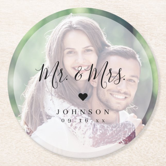 Mr and Mrs simple elegant script photo wedding Round Paper Coaster (Front)