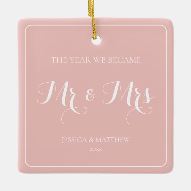 Mr and Mrs Simple Minimalist Pink Newlywed Couple Ceramic Ornament (Front)