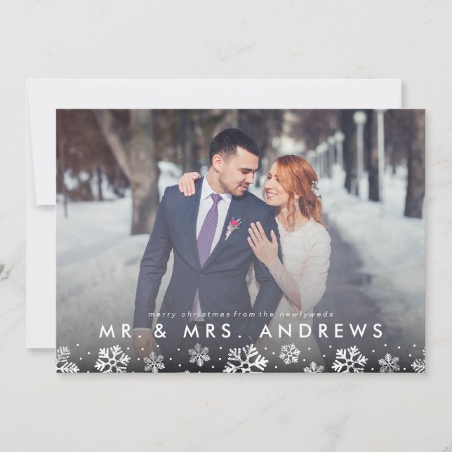 Mr. and Mrs. Snowflake Border Newlywed Photo Card (Front)