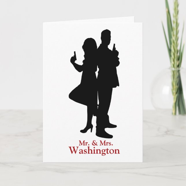 Mr and Mrs Spy Silhouette Wedding Greeting Card (Front)