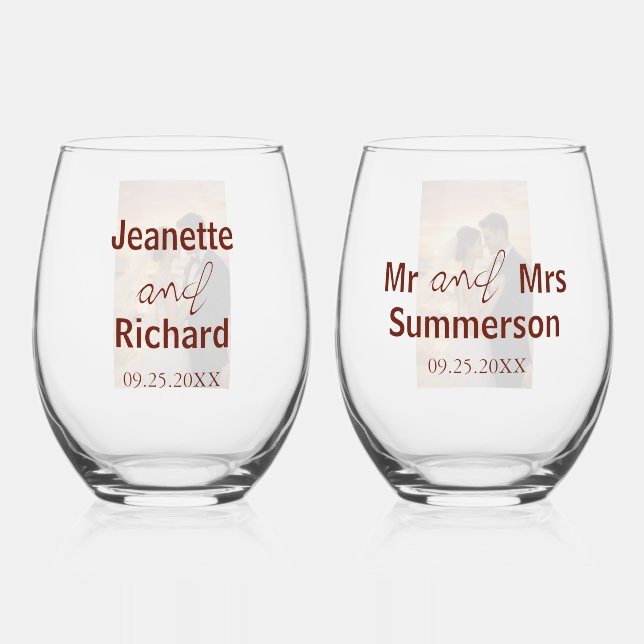Mr and Mrs Sunset Beach Romantic Wedding  Stemless Wine Glass (Back)