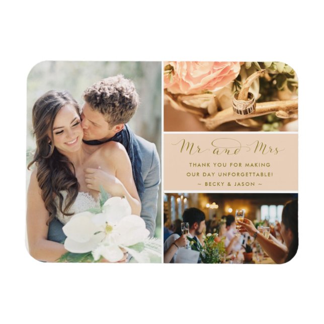 Mr and Mrs Thank You Photo Collage Peach and Gold Magnet (Horizontal)