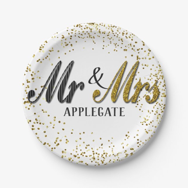 Mr and Mrs Tuxedo Gold Personalised Custom Wedding Paper Plate (Front)