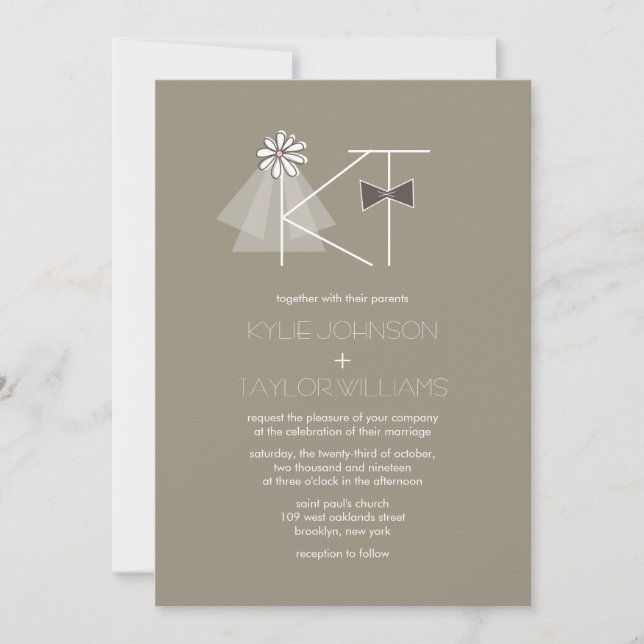 Mr and Mrs Veil & Bow Tie Monogram Wedding Invite (Front)