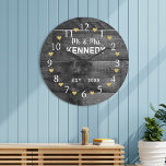 Mr And Mrs Wedding Anniversary Rustic Wood Large Clock<br><div class="desc">Rustic black wood and gold heart wedding anniversary clock. Wood is the traditional gift for 5th wedding anniversary.</div>