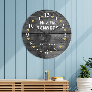 Mr And Mrs Wedding Anniversary Rustic Wood Large Clock
