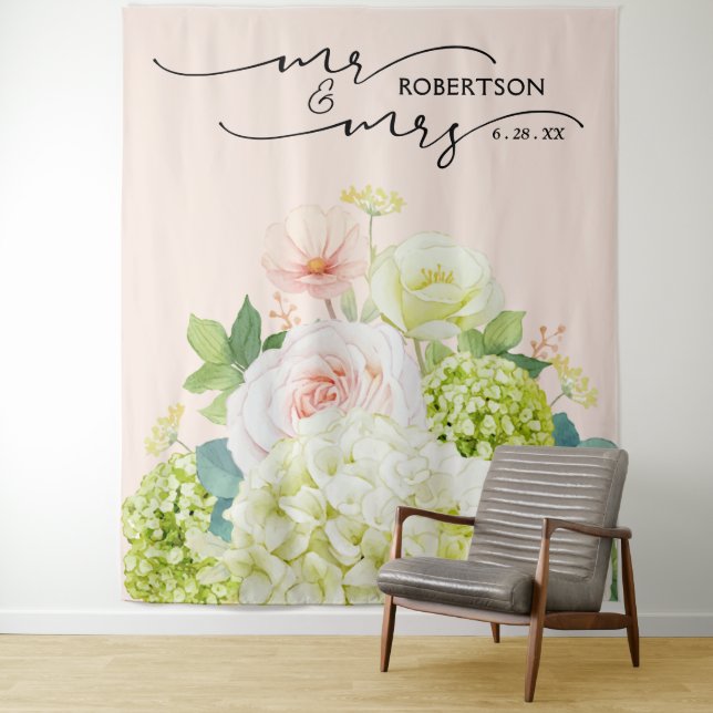 Mr. and Mrs. Wedding Backdrop Floral Pink Banner Tapestry (In Situ)