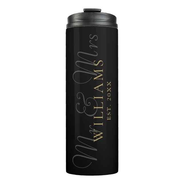 Mr And Mrs Wedding Black And Gold Thermal Tumbler (Front)