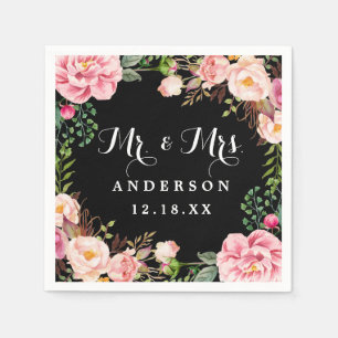 Mr and Mrs Wedding Classy Pink Flowers Wreath Napkin