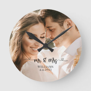 Mr. and Mrs. Wedding Couple Round Clock