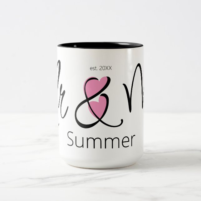 Mr. and Mrs. Wedding Custom Name Simple Pink BlacK Two-Tone Coffee Mug (Center)