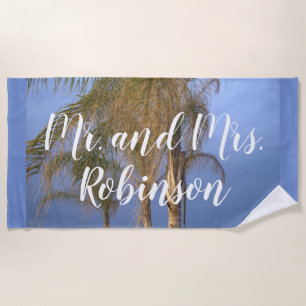 Mr. and Mrs. Wedding Palm Trees Beach Towel