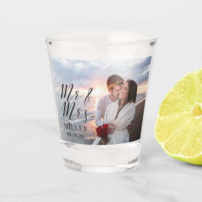 Mr and Mrs Wedding Photo Personalised Shot Glass (Front)