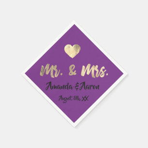 Mr. and Mrs. White Heart Purple Champaigne Gold Napkin