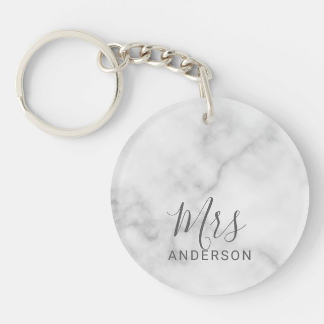 Mr and Mrs | White Marble Modern Script Wedding Key Ring (Front)