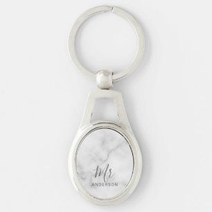 Mr and Mrs White Marble Modern Script Wedding Key Ring