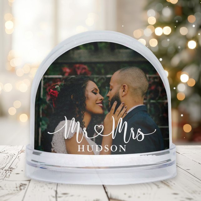 Mr and Mrs White Script Wedding Photo Snowglobe (Creator Uploaded)