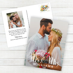 Mr and Mrs White Script Wedding Thank You Photo Postcard