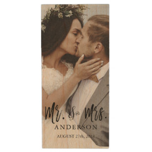 Mr. and Mrs. White Typography Wedding Photos USB Wood USB Flash Drive