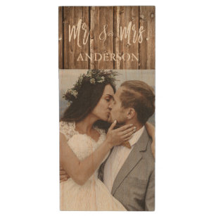 Mr. and Mrs. White Typography Wedding Photos USB Wood USB Flash Drive