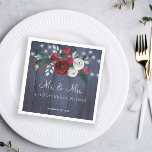 Mr and Mrs winter red peonies Christmas wedding Napkin