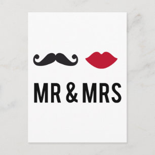 mr. and mrs. with moustache and red lips postcard