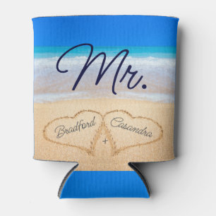 Mr. Beach Wedding Hearts in Sand  Can Cooler