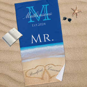 Mr. Beach Wedding Hearts in Sand Family Monogram B Beach Towel